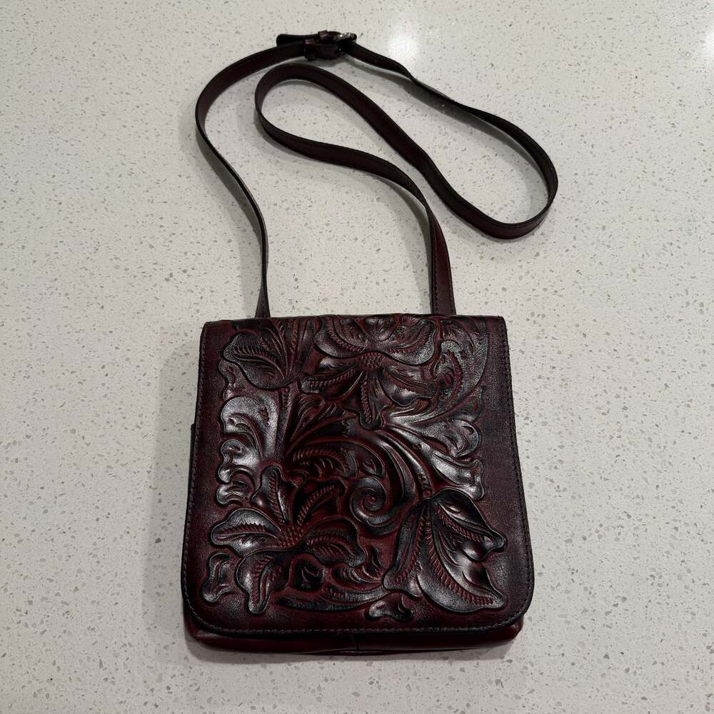 Patricia Nash Granada Tooled Leather Crossbody Burgundy Floral Embossed Boho